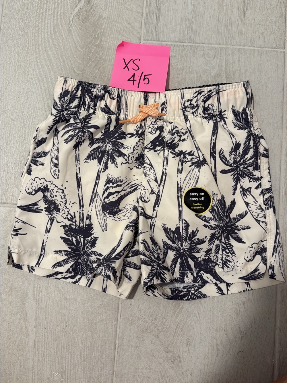 Target Kids Swim Trunks Cream with Black Palm Print and Orange Drawstring